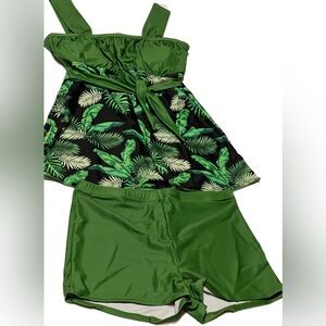 Green Tropical Print Swimsuit Set